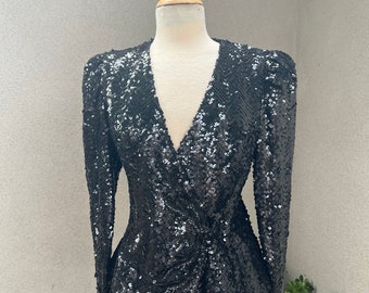 Vintage 80s elegant black sequins top or jacket Sz S/M Cachet by Bari Protas