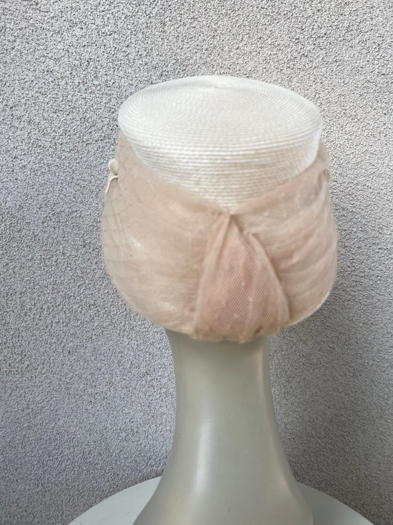 Vintage 1960s Straw Bucket Hat: Cream Woven Netting, Velvet  display picture 2