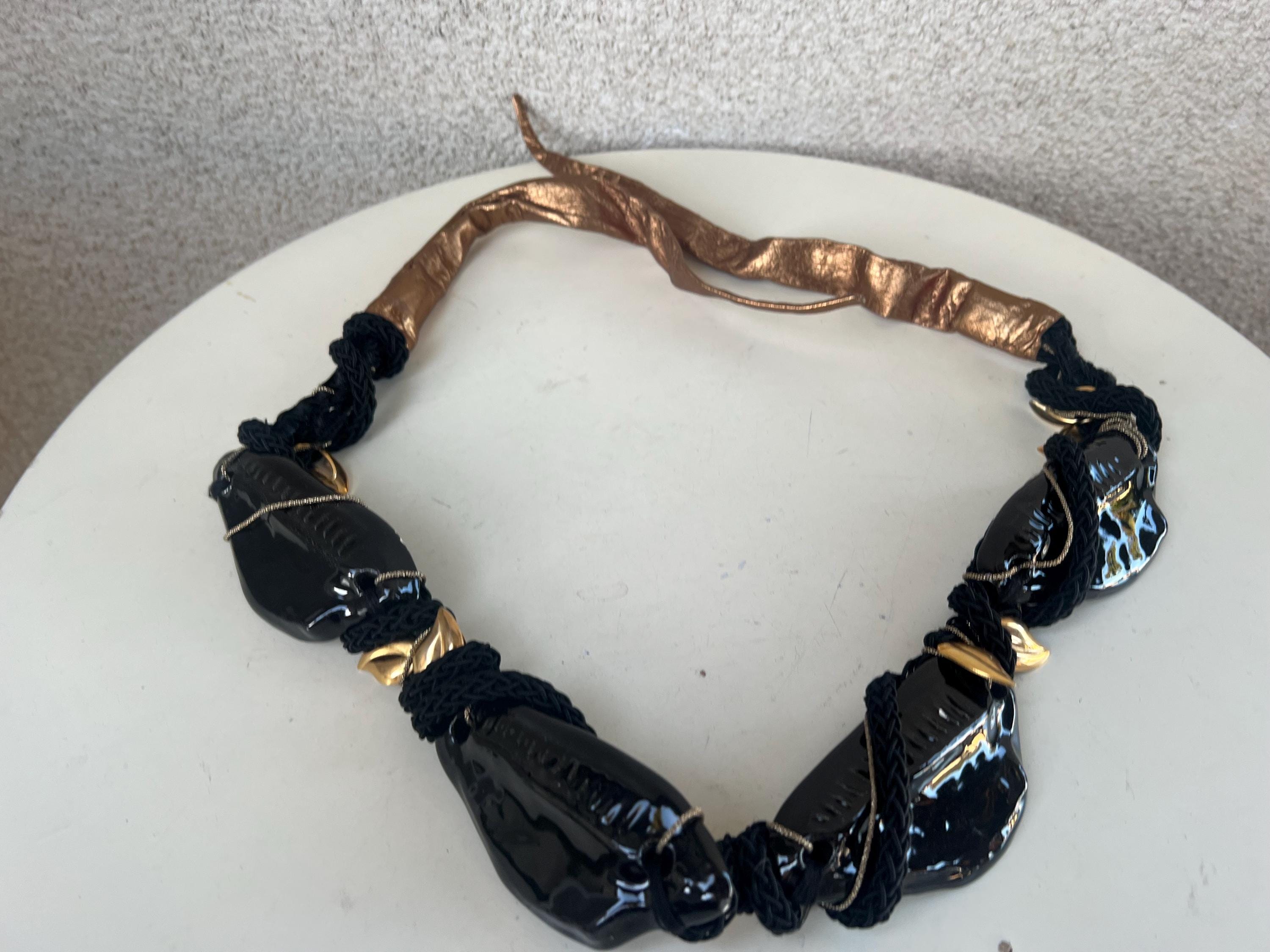Vintage glam belt black ceramic shells theme gold trim leather ties fits 26-38” Vintage Glam Belt: Black Ceramic Shells, Gold Trim, Bronze  main image 4