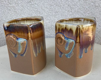 Vintage coffee mugs set 2 browns blue purple drip pottery with 3D shell theme by Padilla Mexico