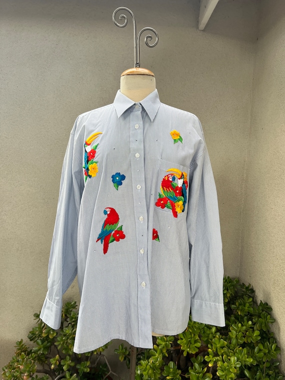 Vintage kitsch shirt blouse embroidered birds Sz L