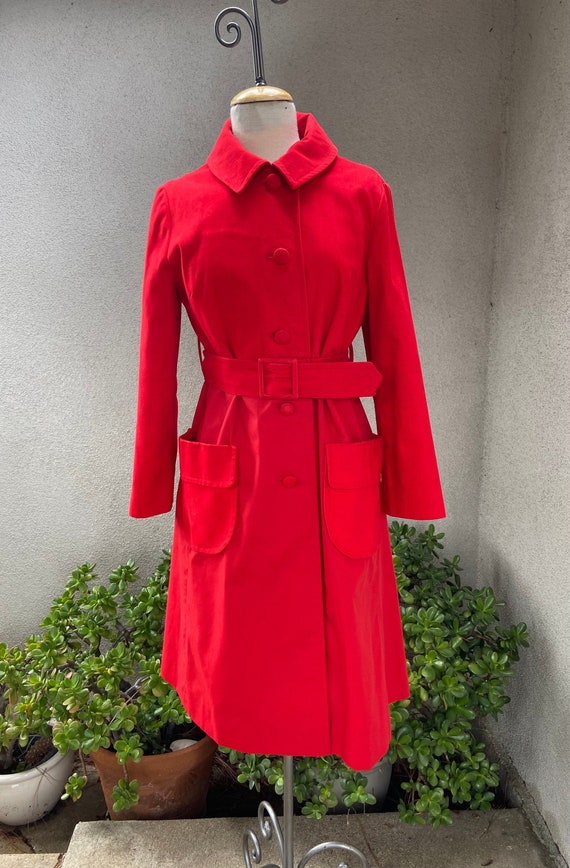 Vintage Mod red button coat lined pockets belt  s… - image 1