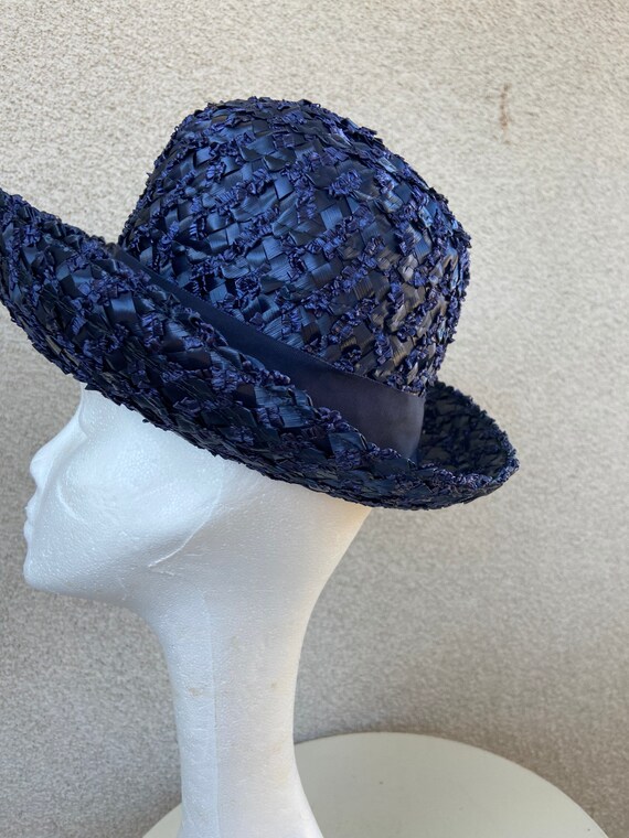 Vintage 70s boater brim navy blue straw cello hat… - image 2