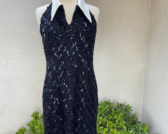 Vintage cocktail dress halter short black sequins satin collar sz M or 11/12 by Evening by Pantagis USA