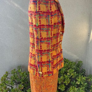 Vintage 80s suit skirt & blazer by Anne Klein orange red plaid tweed knobby mohair wool size 6 image 4