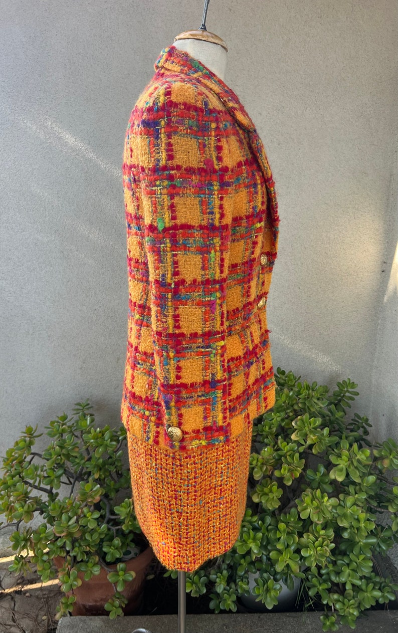 Vintage 80s suit skirt & blazer by Anne Klein orange red plaid tweed knobby mohair wool size 6 image 4