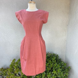 Vintage custom made tailored 80s style dress rust color padded shoulders pockets sz Small