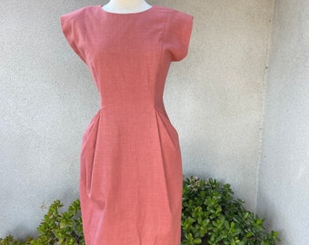 Vintage custom made tailored 80s style dress rust color padded shoulders pockets sz Small