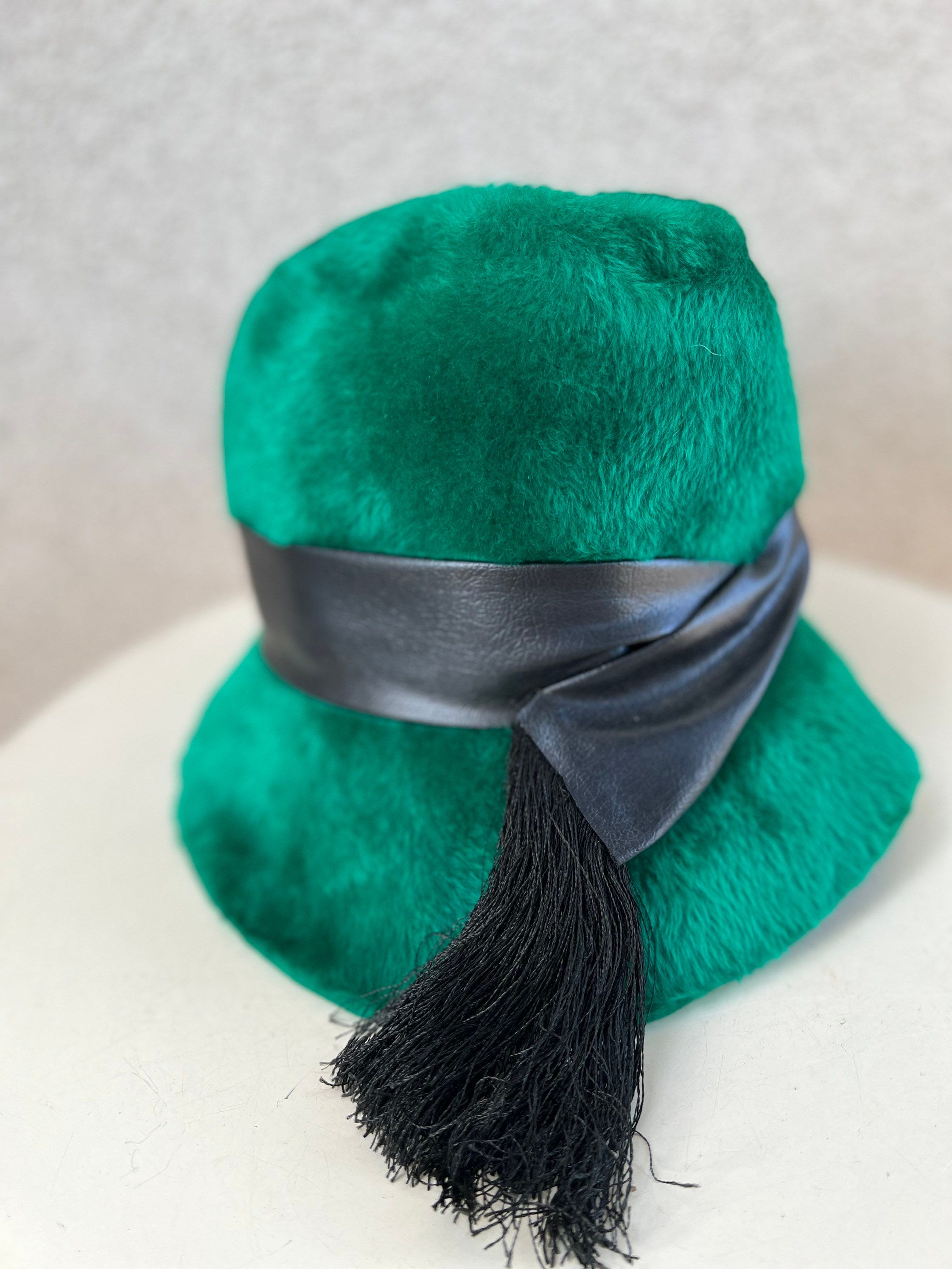 Vintage Forest Green Faux Fur Felt Bucket Hat Size 21.5  display picture 2