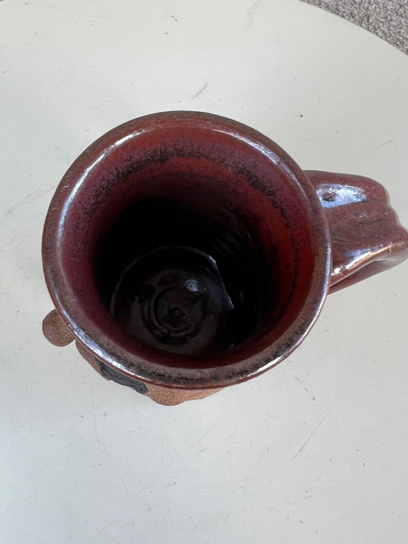 Vintage stoneware studio art pottery brown mug mustache man face brown glaze image 8