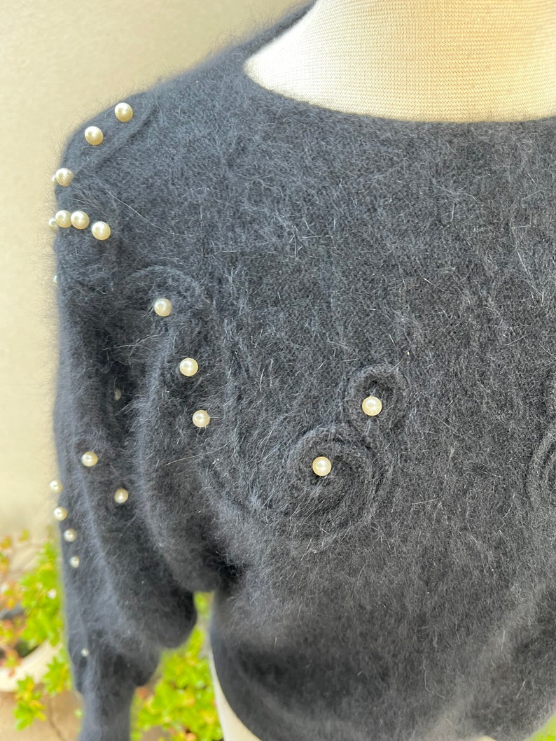 Vintage glam black angora wool pullover textured sweater with pearls embellishments S/M by Jessica California image 8