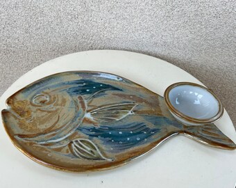 Vintage Studio Pottery Fish Platter: Signed Chip and Dip Bowl (18” x 9”)