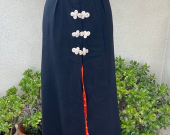 Vintage Black Crepe Maxi Skirt: Red Polka Dot Lining, Size S/M