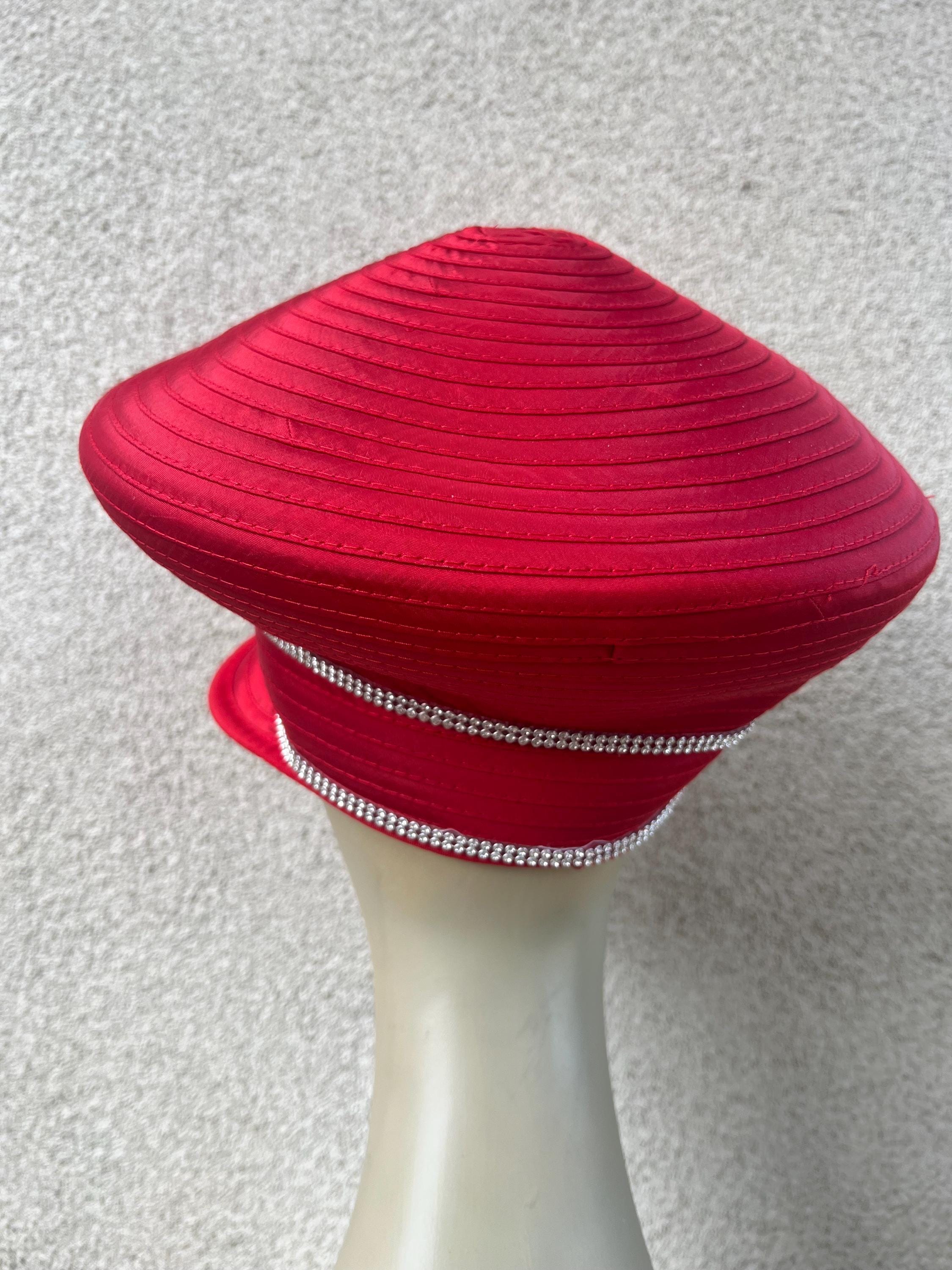 Vintage Pierra Millinery Red Bucket Hat: Rhinestone Bow Trim 