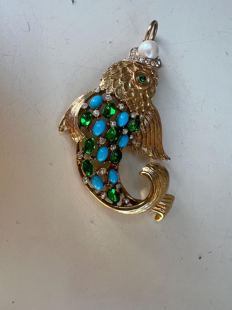 Glam Fish Vintage Glam Koi Fish Pendant Gold Tone With Green Blue Stones ...