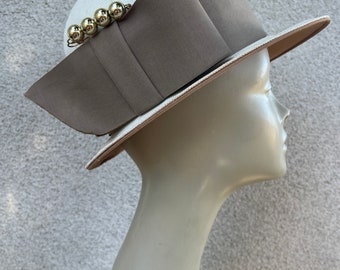 Vintage White Straw Bowler Hat: Taupe Grosgrain Ribbon, Hat Pin (Size 22)