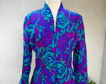 Vintage preppy silk jacket top purple green blue design size 10 by Adrianna Papell