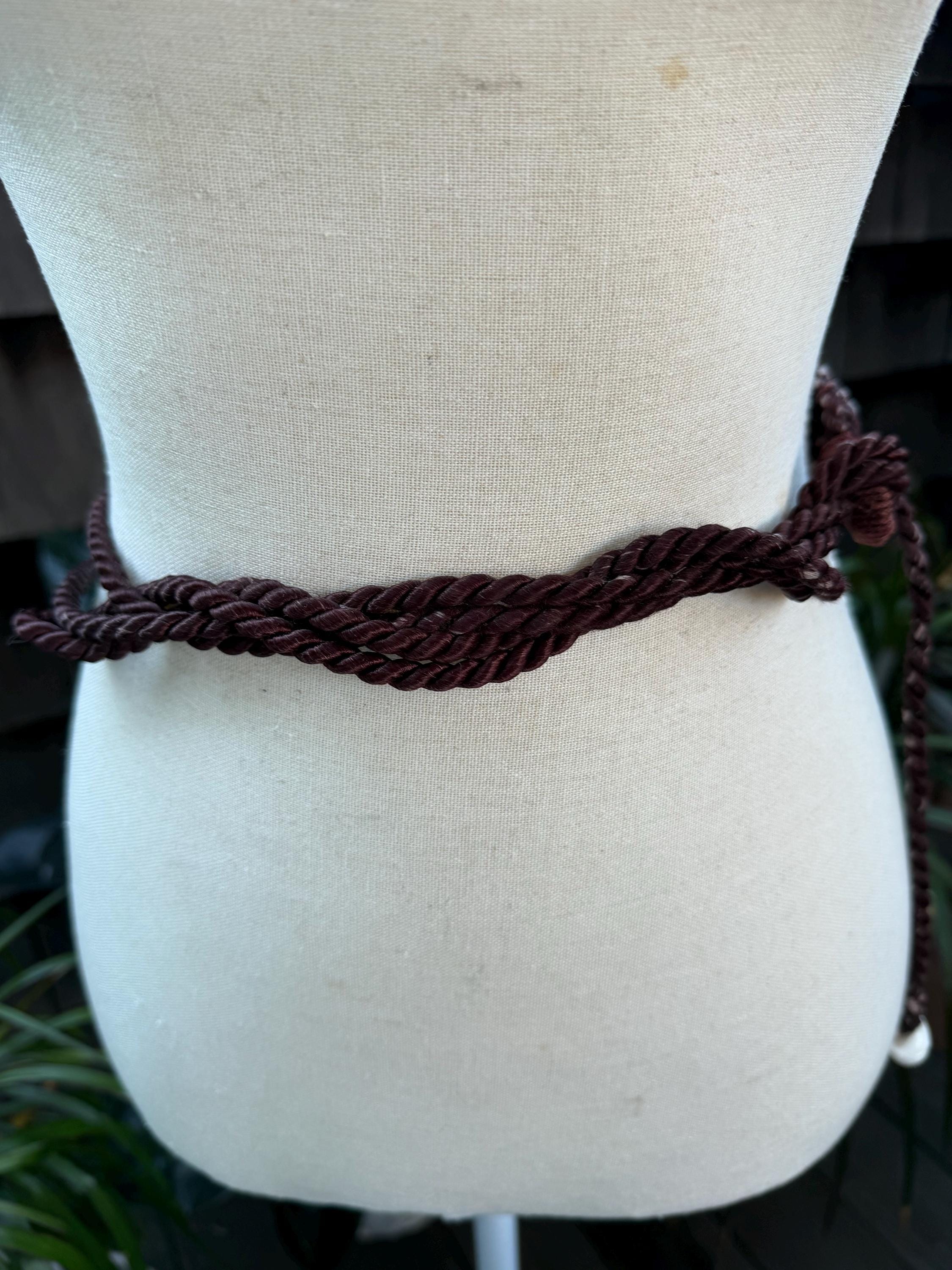 Vintage Boho Shells Belt Woven Brown Rope Tie Closure Size S 