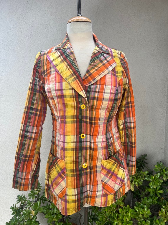 Vintage 70s Seersucker Blazer Jacket Yellow Brown Orange Plaid Sz 