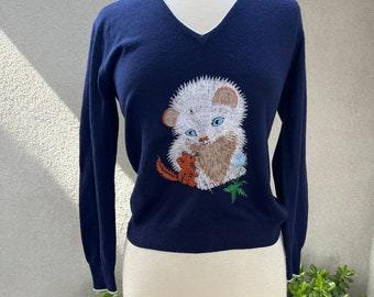 Vintage wounded bird kitsch blue sweater top embroidered Cat Rochelle CA size small