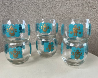 Vintage Federal Glass Co roly poly set 6 glasses Pennsylvania Dutch theme turquoise blue gold