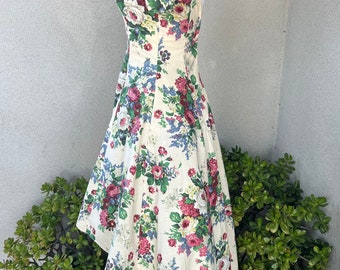 Vintage 80s Boho Colorful Cotton Cream Floral Dress With