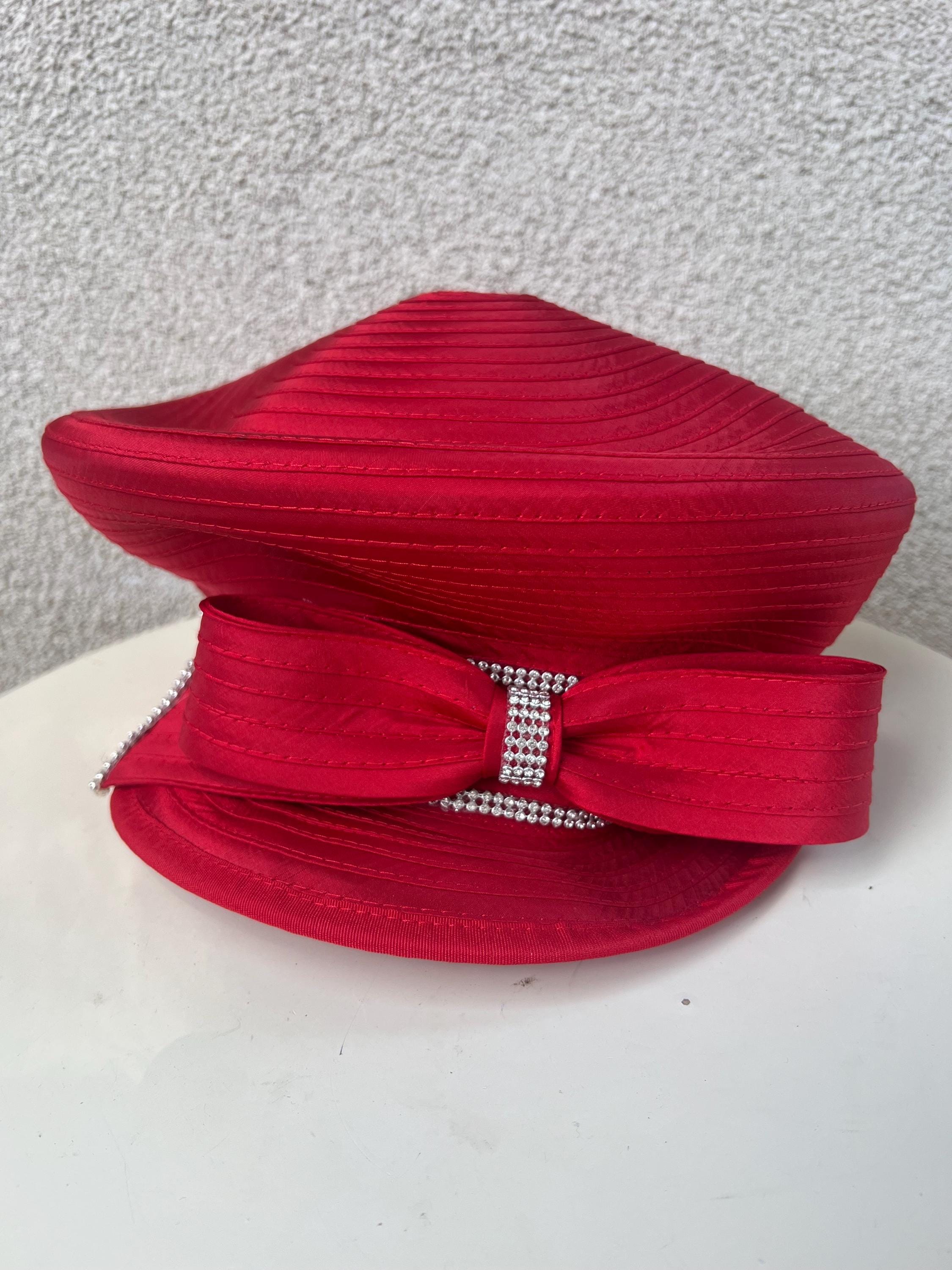 Vintage Pierra Millinery red bucket brim hat ribbed bow rhinestones trim 22” 7 Vintage Pierra Millinery Red Bucket Hat: Rhinestone Bow Trim  main image 2