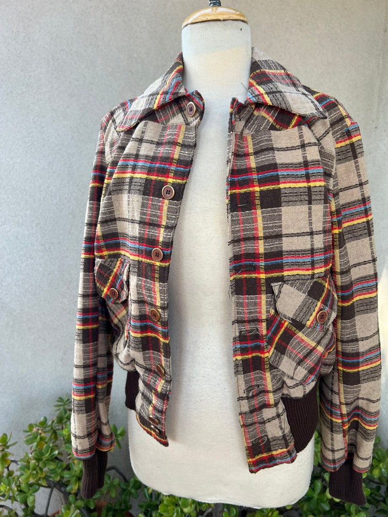 Vintage mod Mens bomber jacket knobby plaid browns fully lined Sz 40 Medium Unisex image 10