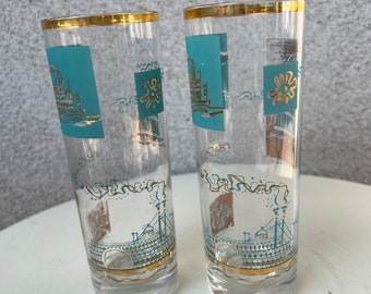 Vintage MCM aqua gold Steamboat theme tall tumbler Libbey glasses set of 2
