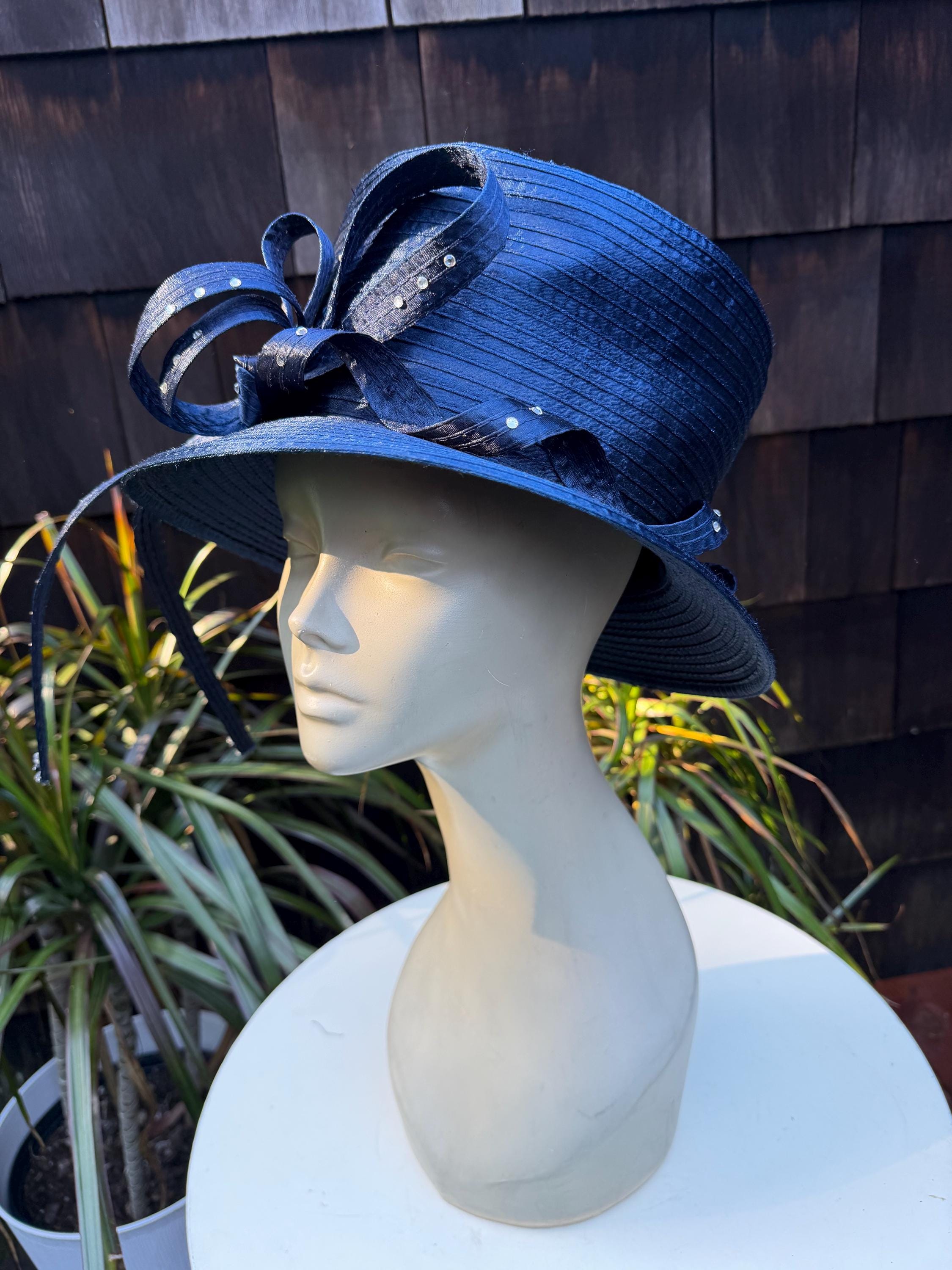 Vintage Navy Blue Brim Hat, Rhinestone Trim, Mr. Song 
