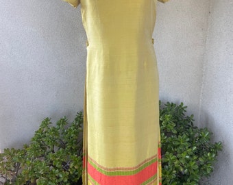 Vintage Asian cheongsam style long tunic dress top yellow orange green Thai Silk custom made sz M