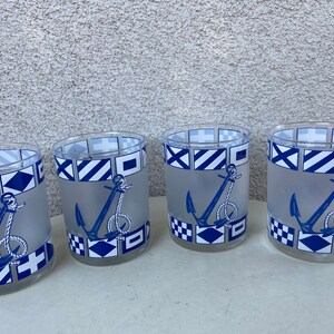 Vintage Culver tumbler glasses Nautical anchor sailing flags theme blue with frosted glass set 4 holds 12 Oz