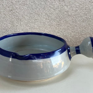 Vintage Ken Edwards large pottery soup bowl with handle blue flower accents size 8.5 x 3.5 image 3