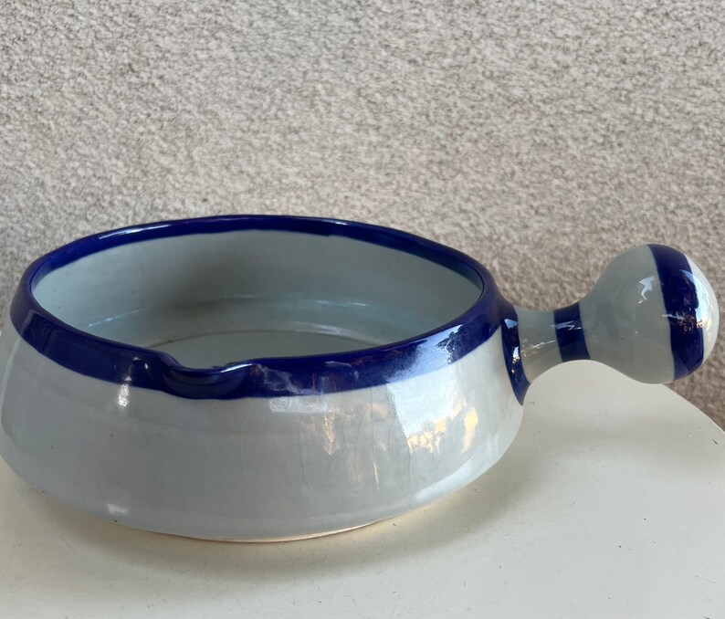 Vintage Ken Edwards large pottery soup bowl with handle blue flower accents size 8.5 x 3.5 image 3