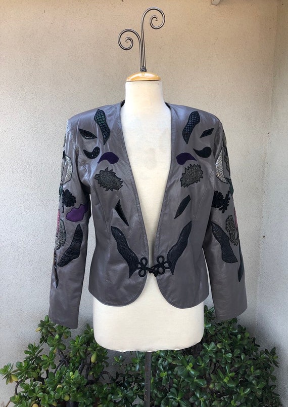 Vintage 80s crop jacket grey leather accent detail