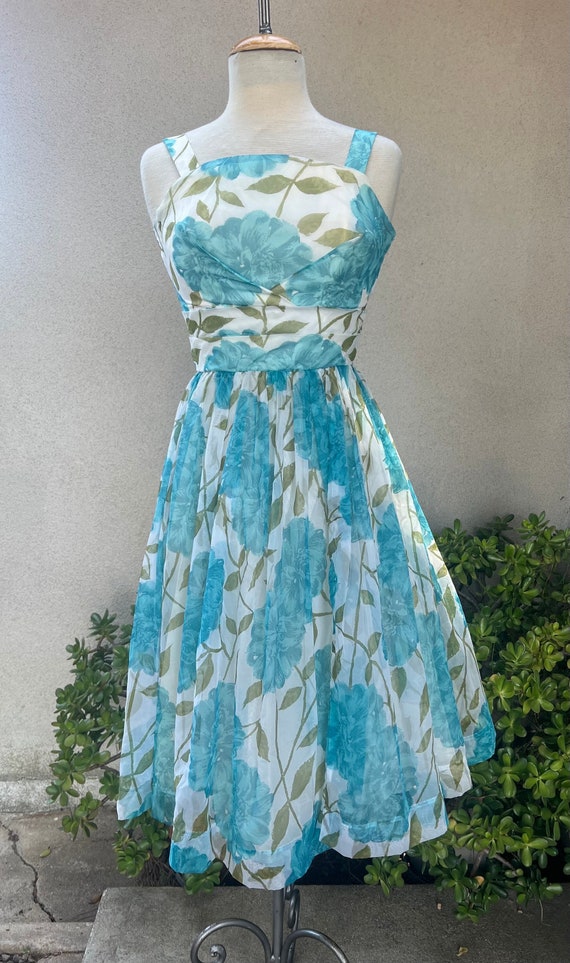 Vintage 60s Chiffon Party Dress Midi Blue Floral Sz XS - Etsy
