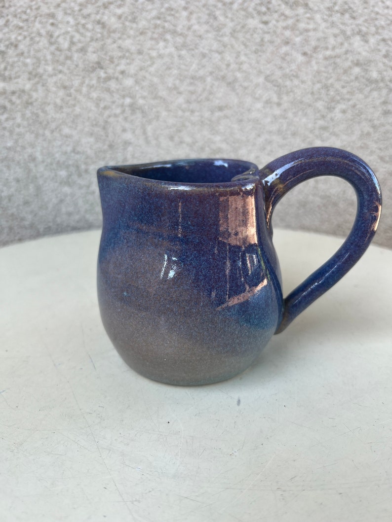 Vintage studio art pottery creamer pitcher heart shape glossy purple blue tones image 6