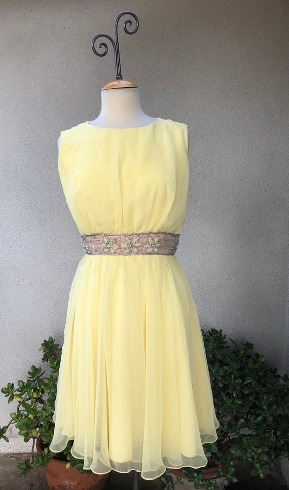 Vintage Mid Century yellow chiffon cocktail dress… - image 1