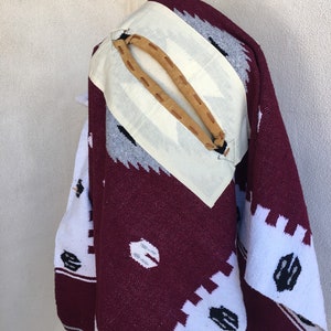 Vintage Mexican Blanket Poncho white burgundy boho print collar leather trim one size image 9