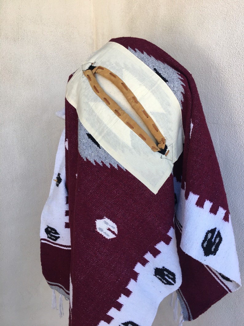 Vintage Mexican Blanket Poncho white burgundy boho print collar leather trim one size image 9