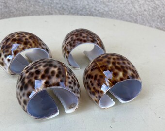 Vintage set of 4 tropical bohemian napkin rings tiger cowrie shells size 1.5”