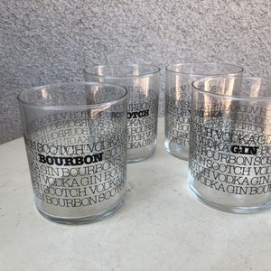 Vintage kitsch barware clear old fashions glasses set 4 black letters imprint Scotch Bourbon Gin Vodka by HBBZ Holds 10 oz image 1