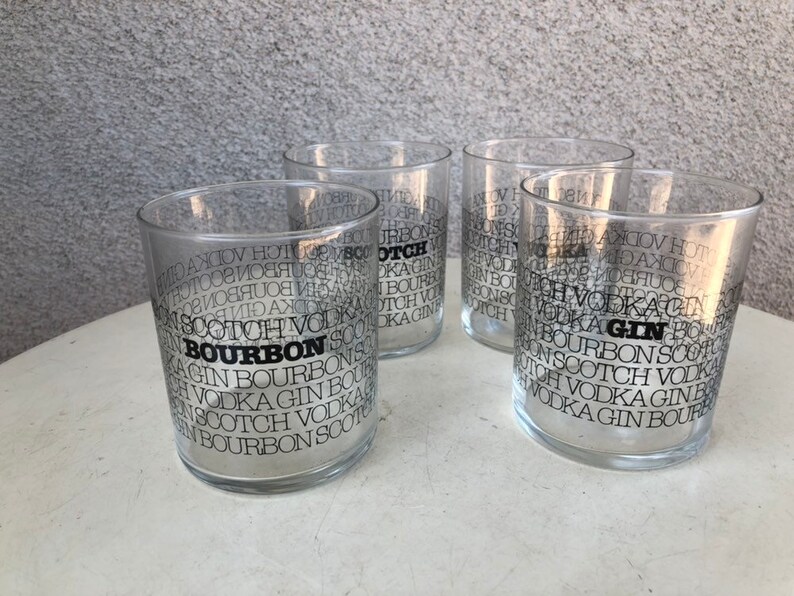 Vintage kitsch barware clear old fashions glasses set 4 black letters imprint Scotch Bourbon Gin Vodka by HBBZ Holds 10 oz image 1