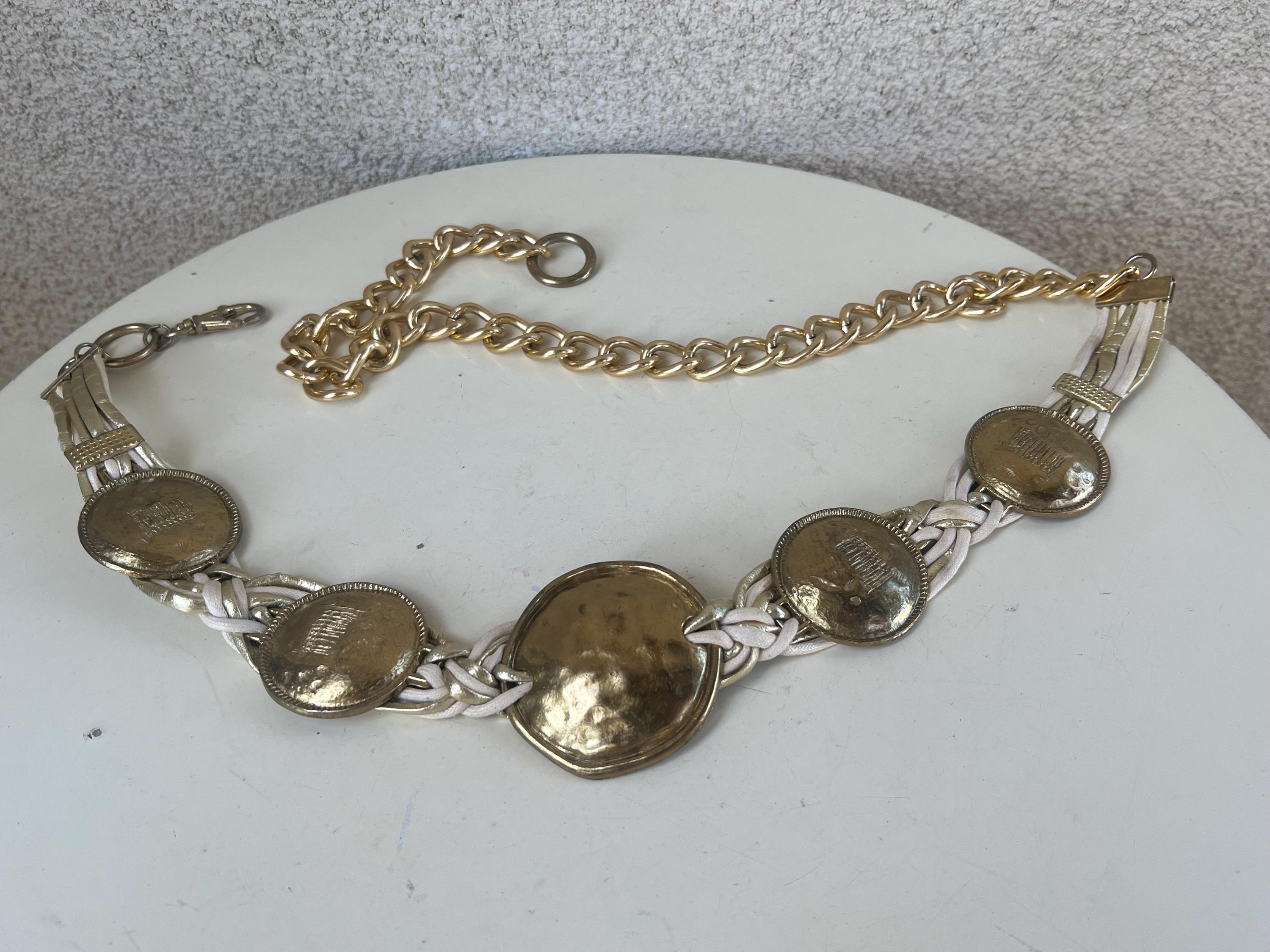 Vintage Boho 80s Belt Brass Discs With Metallic & White  display picture 3