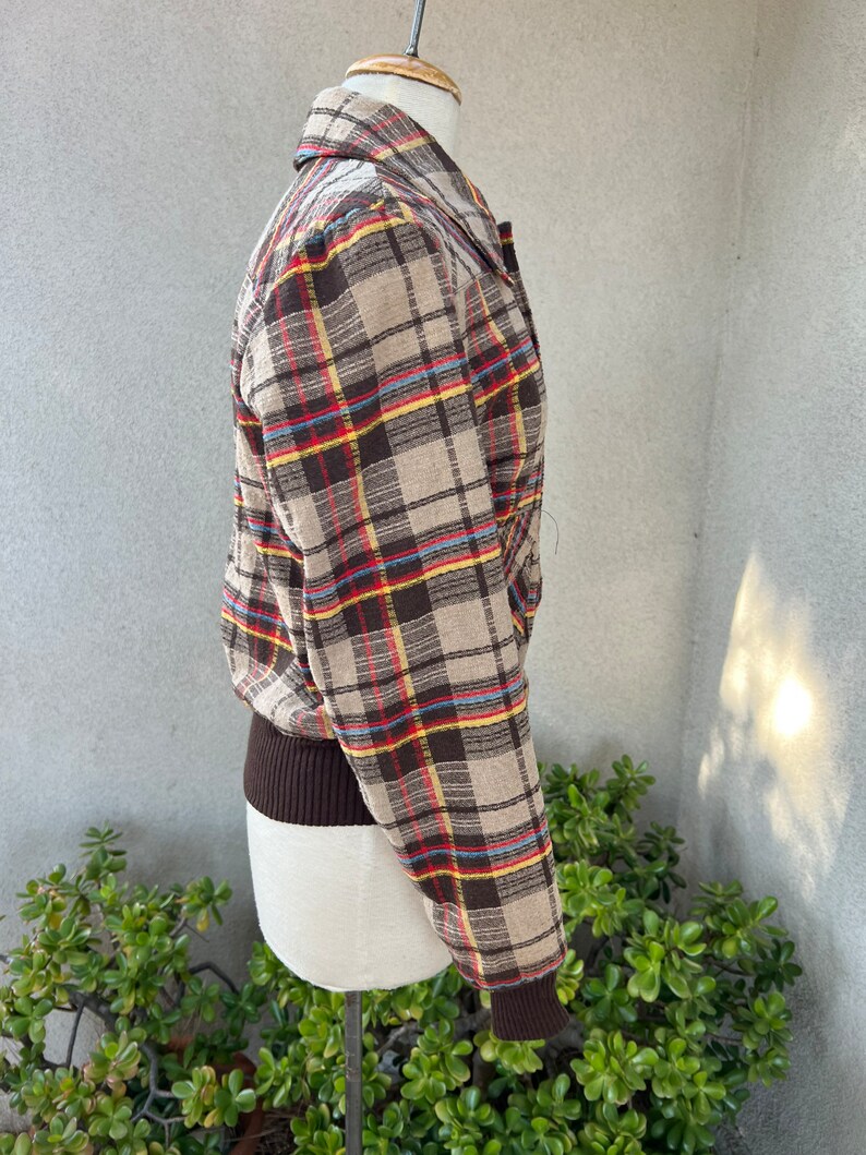 Vintage mod Mens bomber jacket knobby plaid browns fully lined Sz 40 Medium Unisex image 6