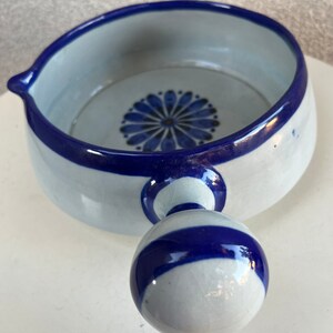 Vintage Ken Edwards large pottery soup bowl with handle blue flower accents size 8.5 x 3.5 image 9