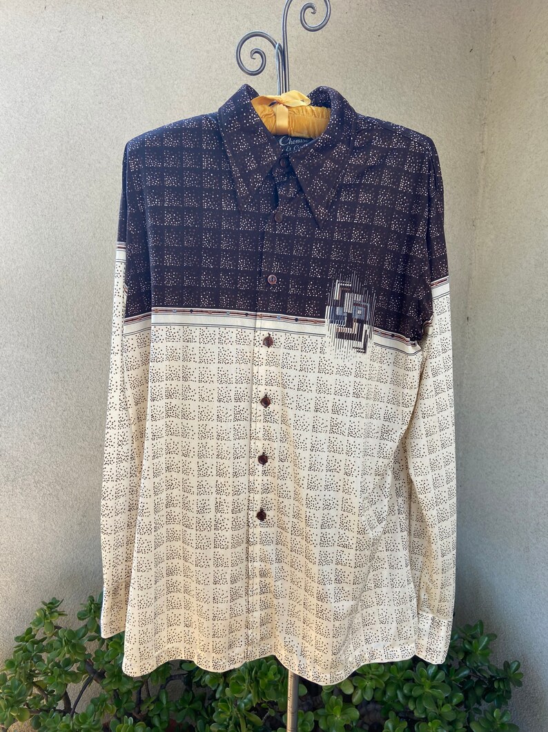 Vintage 70s mens disco button shirt beige browns geometric print sz XL by Chemise et cer image 3
