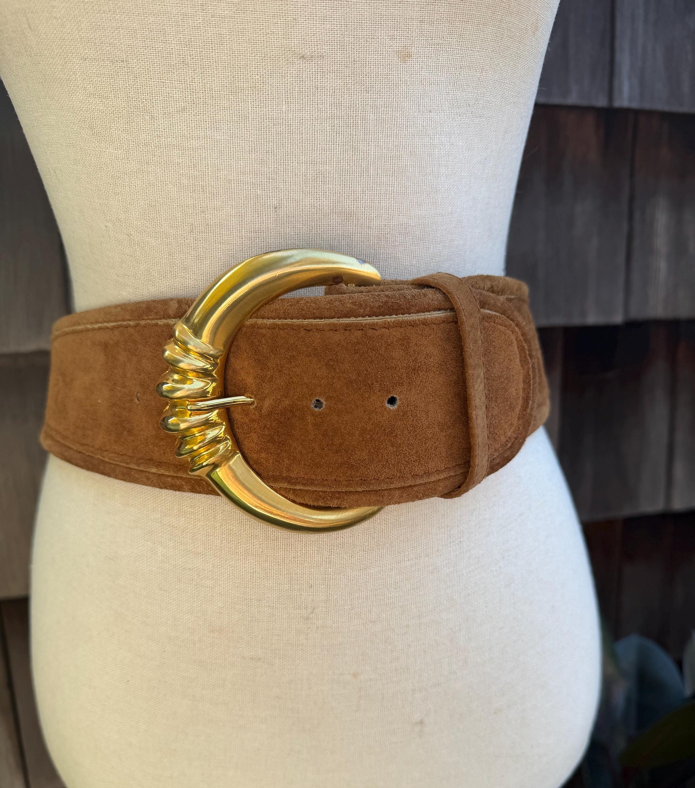 1990s bejeweled leather suede belt red with gold buckle by Gail Labelle Size S 90 main image 4