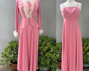 Vintage dusty pink Maxi dress with peplum jacket marabou fur trim Sz XS