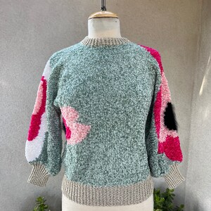 Vintage yummy greens pinks tones black fur accents handmade crochet knit pullover sweater Small